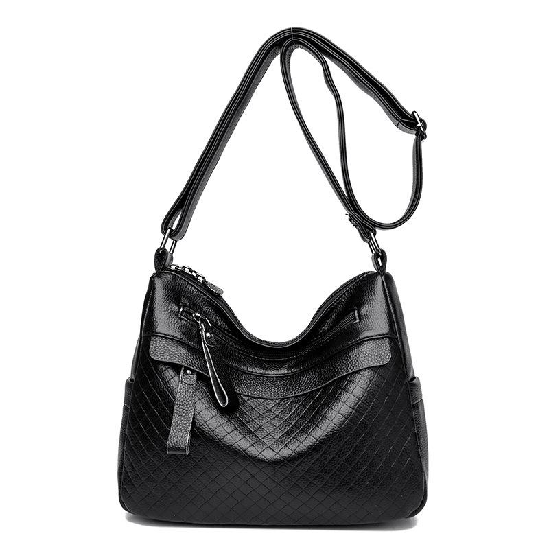 Middle-aged Handbag Embossed Diamond Pattern Shoulder Bag 2025 New Multi-layer Soft Leather Solid Color Large-capacity Multi-pocket Crossbody Bag