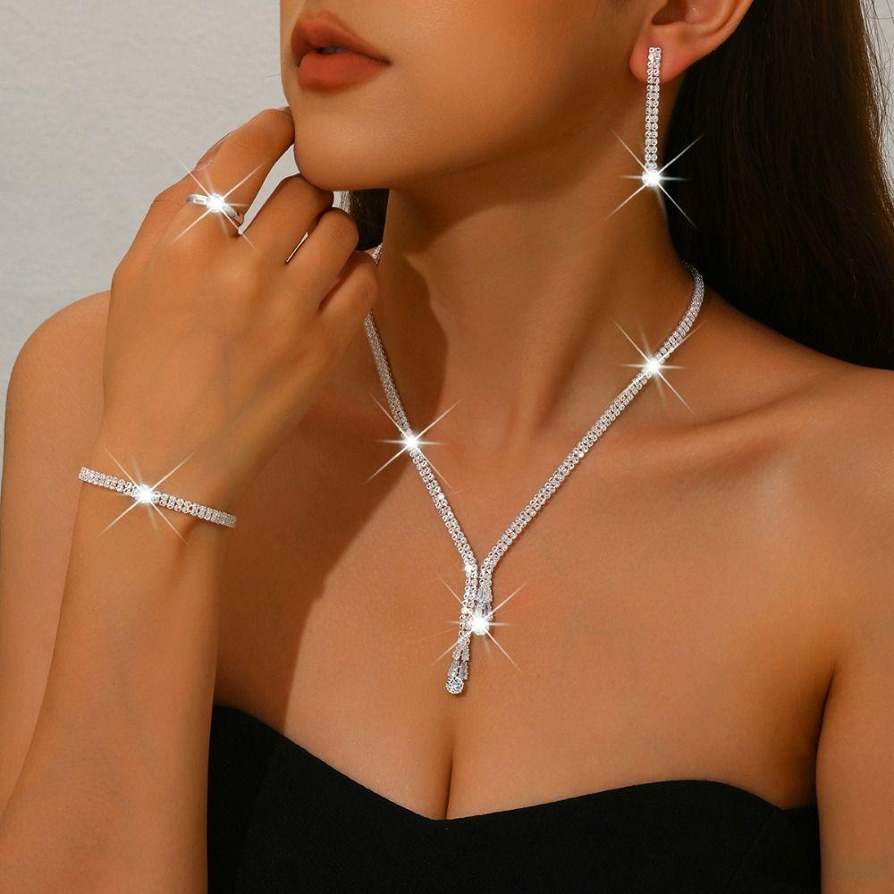 Light Luxury Earrings Bracelet Necklace Ring Set Minimalist Crystal Earrings Chain Set Party Gift