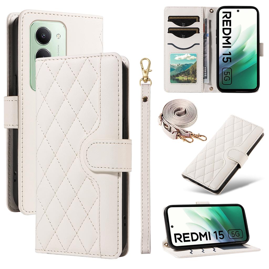 Pro Xiaomi Redmi 15 5G (Globální) (169 mm) Peněženkové pouzdro Kosočtvercové Kožené Pouzdro na Telefon s Poutkem