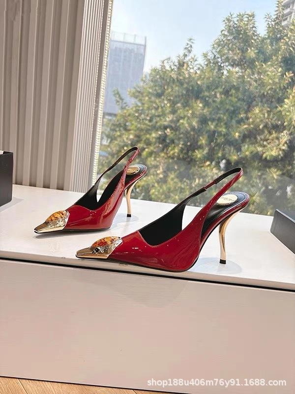 2025 spring and summer French high-end sexy square head single shoes metal iron head stiletto high heels rhinestone rear empty sandals