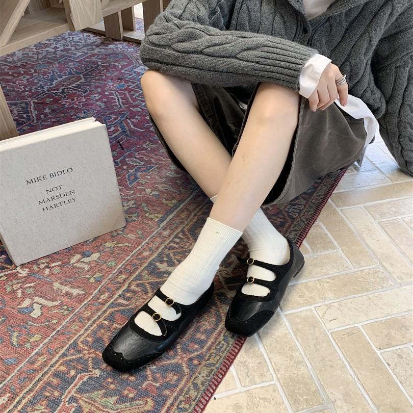 Spot~ Flat bottom versatile word with ballet single shoes women 2025 new retro square head Mary Jane small leather shoes women