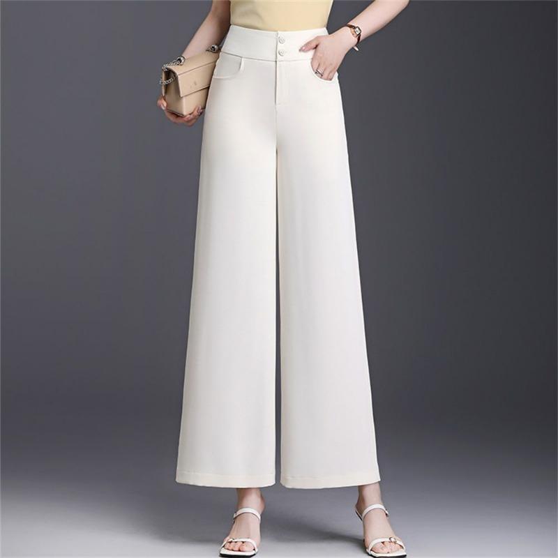 Ledově hedvábné kalhoty s rovnými nohavicemi, ležérní kalhoty se širokými nohavicemi, devítibodové letní oblekové kalhoty, tenký střih, který vás opticky zeštíhlí