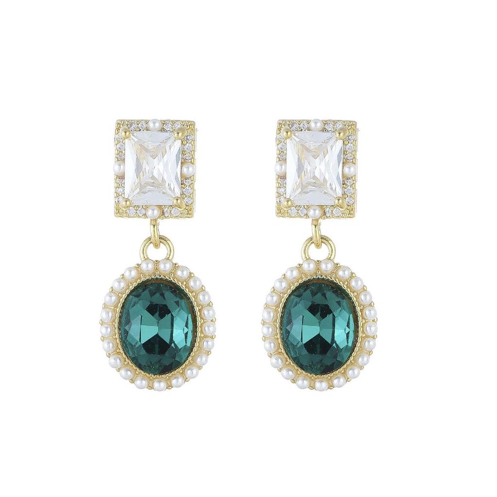 Emerald Zircon Retro Pendant Earrings – European & American High-End Fashion Dangles