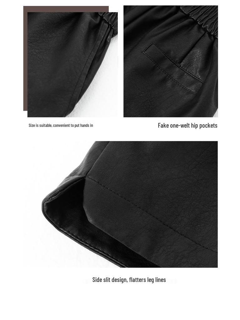 Women's PU Leather Wide-Leg A-line Shorts - Plus Size, Slimming, Five-Point, Spring & Autumn 2024