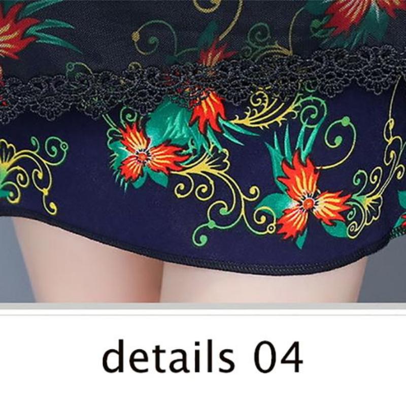 Mid-length Plus Size Printed Over-the-knee Dress Round Thin Chiffon Neck Short Sleeve Mom A-line Skirt