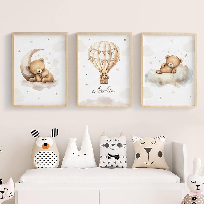 Bear Hot Air Balloon Aircraft Moon Cloud Balloon Nursery Wall Art Canvas Painting Posters & Prints Pictures Baby Kids Room Decor
