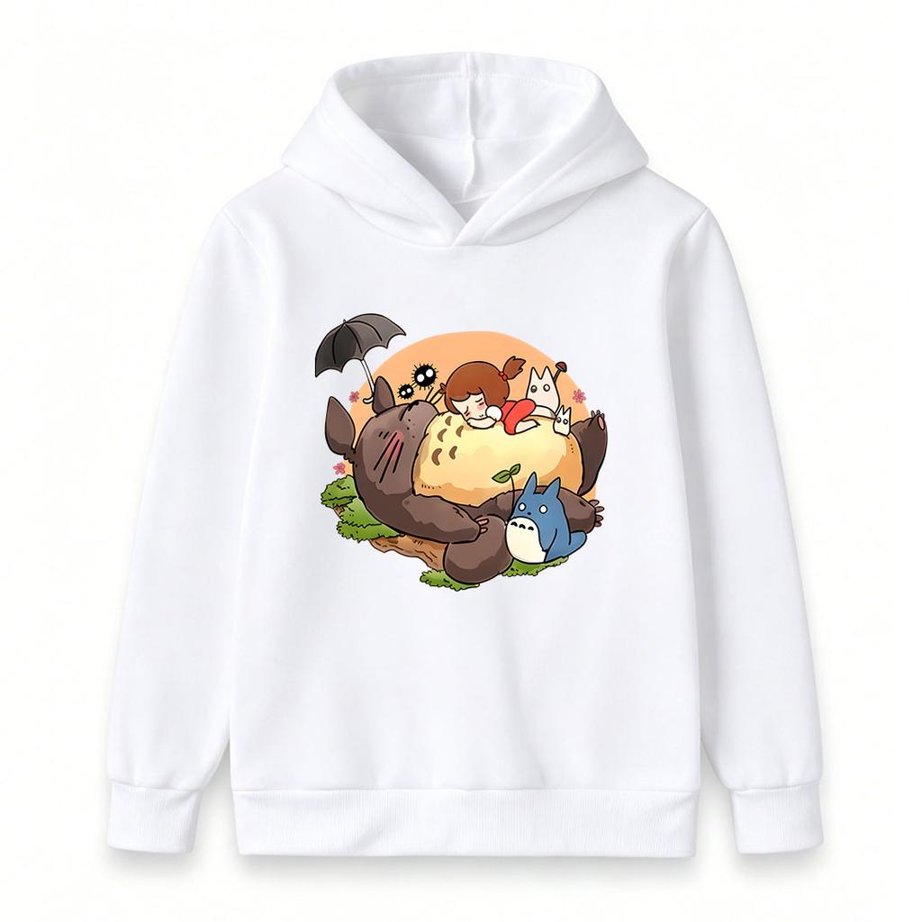 Kids Boys Girls Casual Hooded Sweatshirt, Cute Cartoon Totoro Print Long Sleeve Pullover Tops, Cozy Soft Crew Neck Outerwear for Children Daily Wear