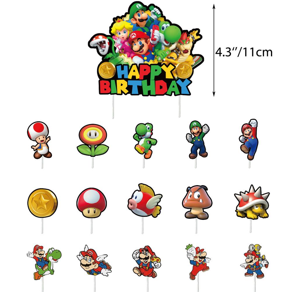 1 x mehrfarbige Happy Birthday-Girlande im Mario-Design mit Cupcake-Toppern und Luftballons