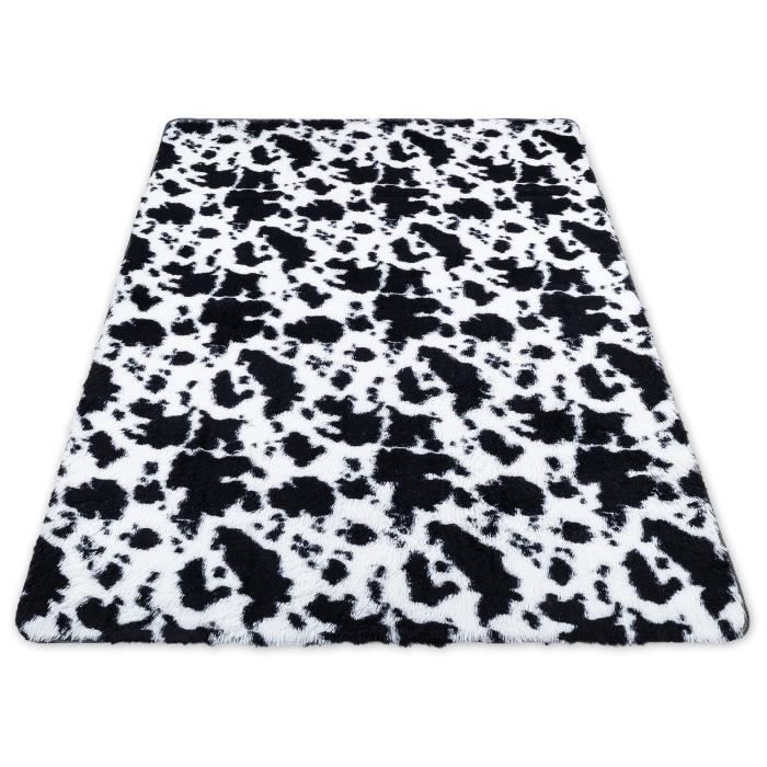 Tapis salon shaggy 100 x 160 cm - descente de lit chambre grande taille tapis poils longs moderne Motif noir et blanc