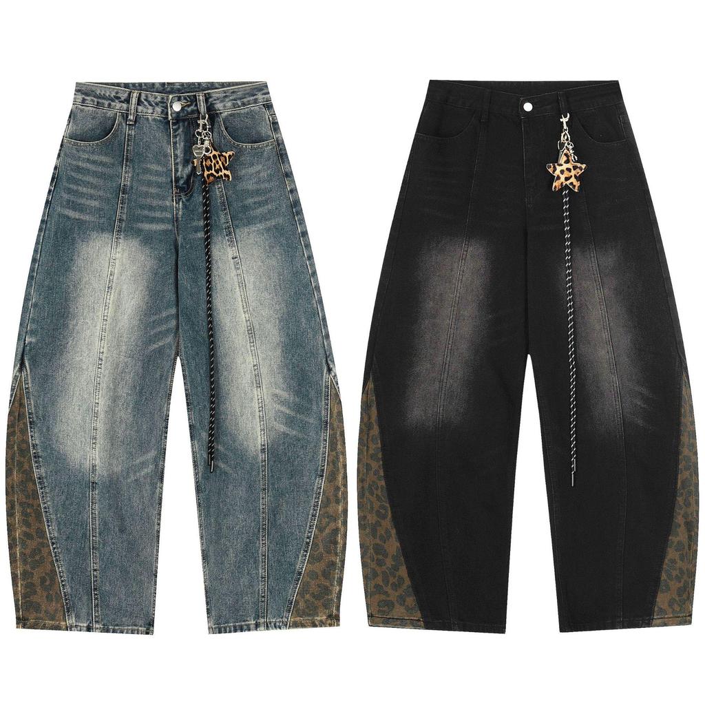 Jeans de Perna Larga Patchwork com Patch de Estrela Leopardo Outono 2025