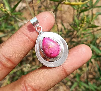 Pink Turquoise Gemstone 925 Sterling Silver Plated Pear Handmade Pendant