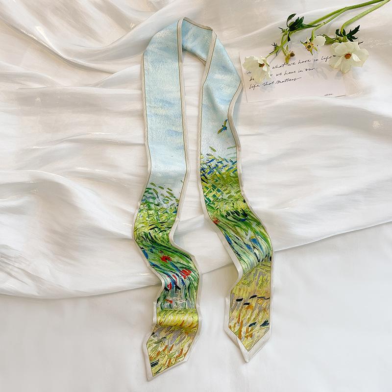 Diaphanous Fashion Headband Exquisite Thin Streamer Bag Strap Spring and Summer Oil Painting Style Small Ribbon Long Scarf Belt