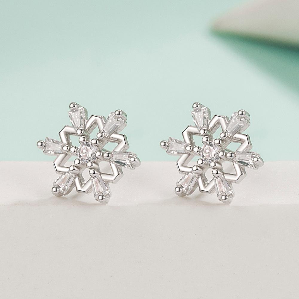 Romantic Snowflake Zircon Stud Earrings - Women's Elegant Charm with Inlaid Diamond and Leaf Design