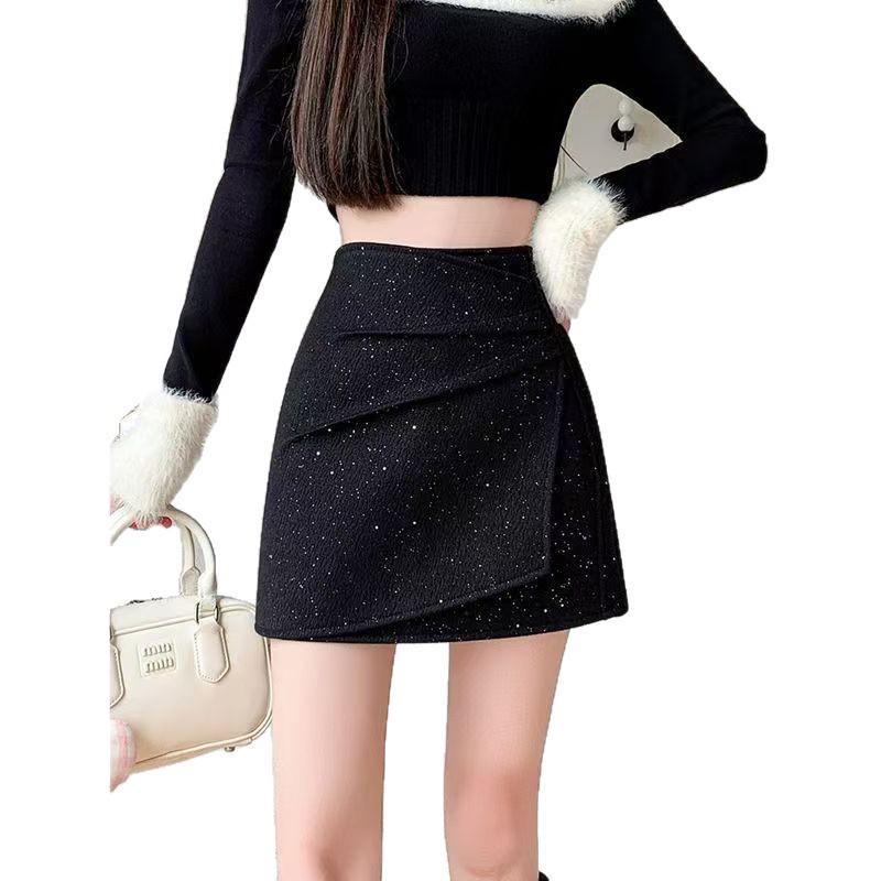 Irregular Sequins High-Waist Black Bodycon Woolen Mini Skirt for Women - Autumn/Winter 2025 Collection