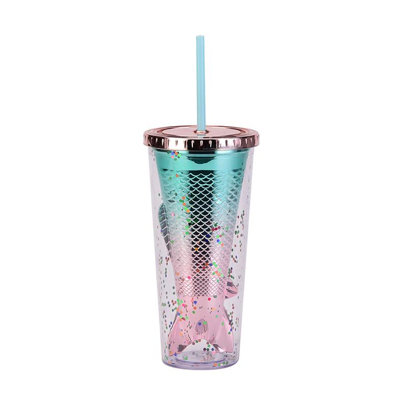 Double Layer Plastic Cup Creative Gradual Change Mermaid Tail Straw Cup Appearance Electroplating Color Sequined Water Cup