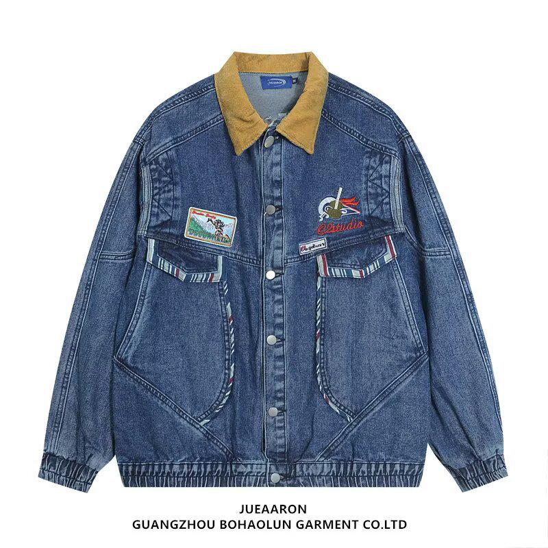 American Retro Color Block Lapel Denim Jacket - Trendy Motorcycle High Street Style