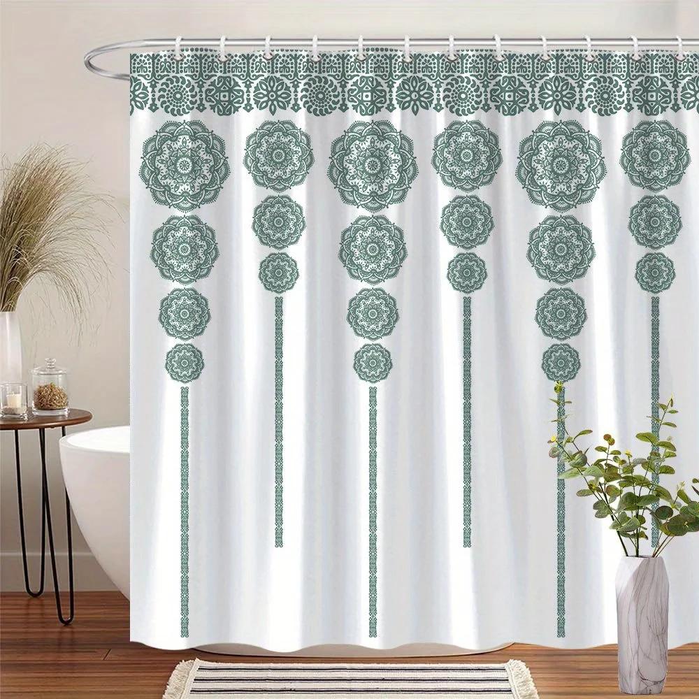 

Mandala Shower Curtain - Teal, Modern Indian, 70In, White & Green, Polyester, 12 Hooks, Machine Washable, Stylish Bath Decor W60H190(CM)-1 Pcs