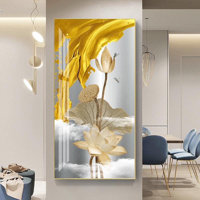 Abstract Flower Picture Canvas Painting New Chinese Golden Luxury Lotus Posters and Prints Wall Picture for Porch Home Decor