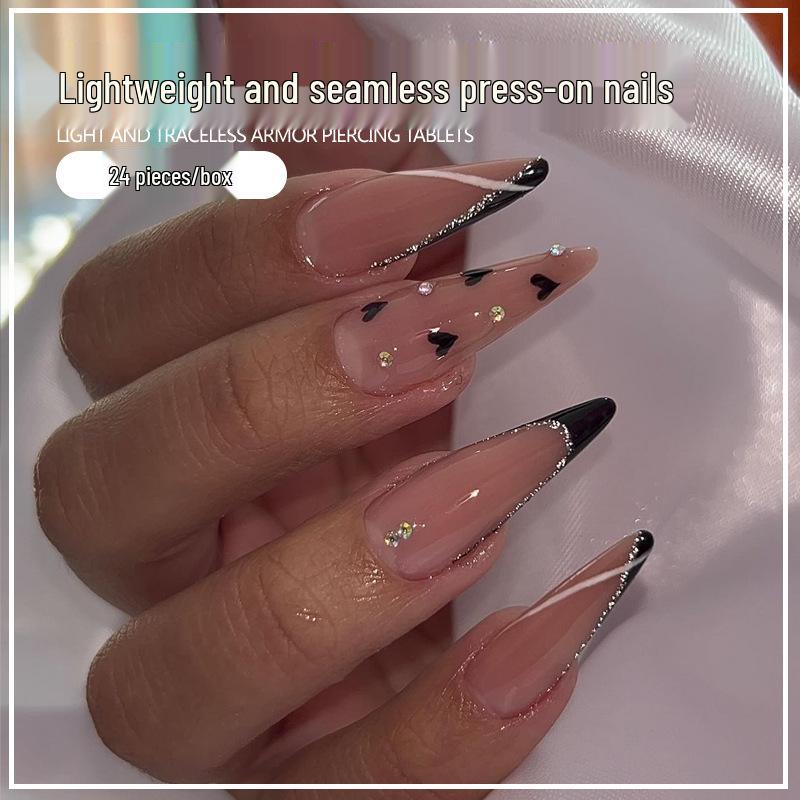 

Heart Rhinestone Black French Edge Long Stiletto False Nails UV Gel Glue Kit