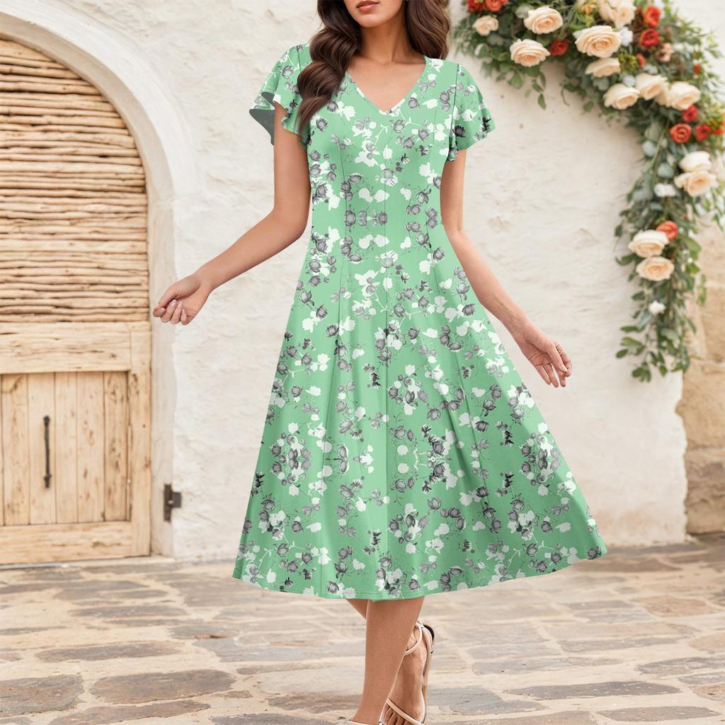 Rochie Midi Elegantă Retro de Vară pentru Femei cu Mâneci Volan V-Gât