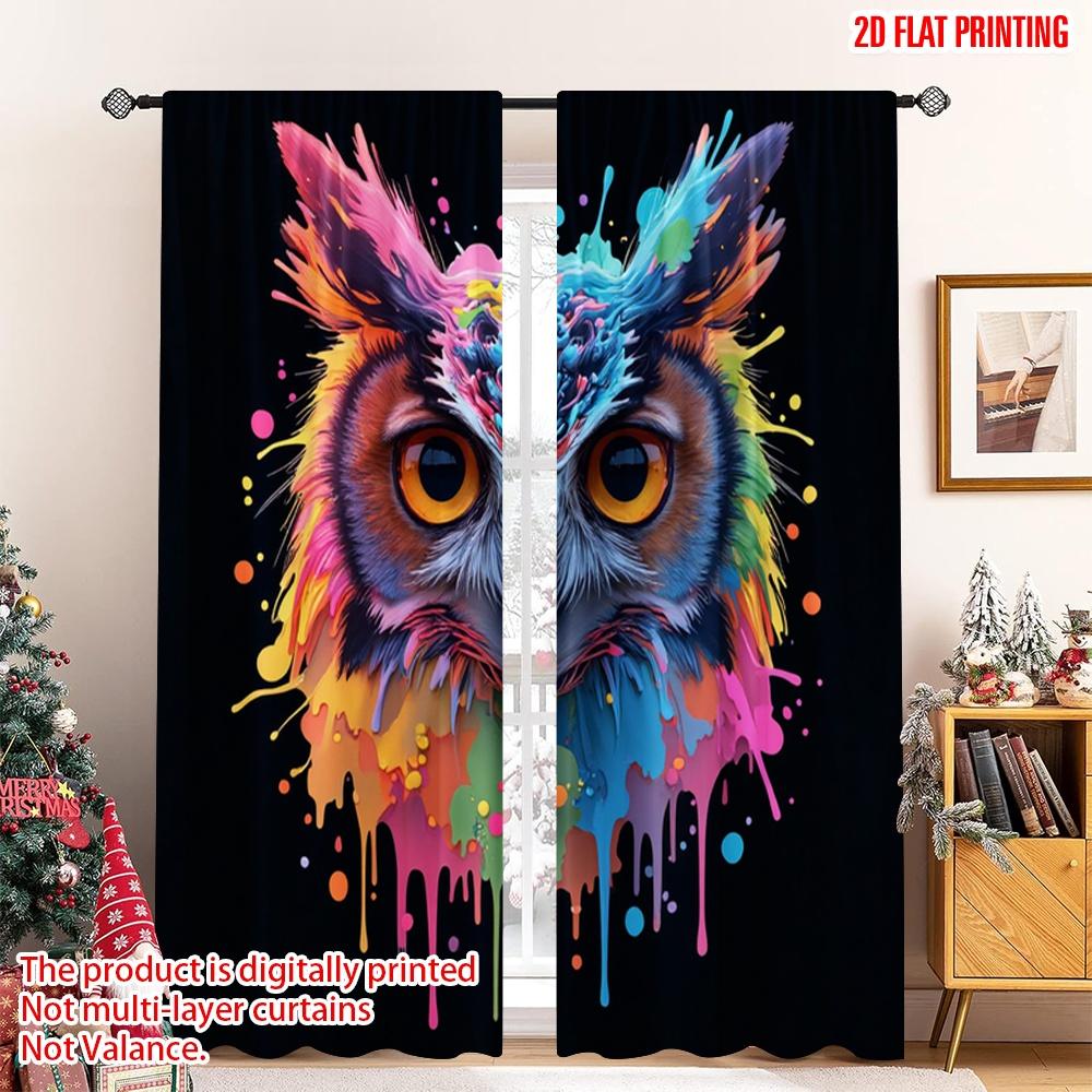

Set Of 2 Flat Printing Window Curtains Colorful Owl Paint Drip Digital Printed Polyester Drapes Family Party Decoration Made W100*H70(CM)-Rod Pocket&1PCS