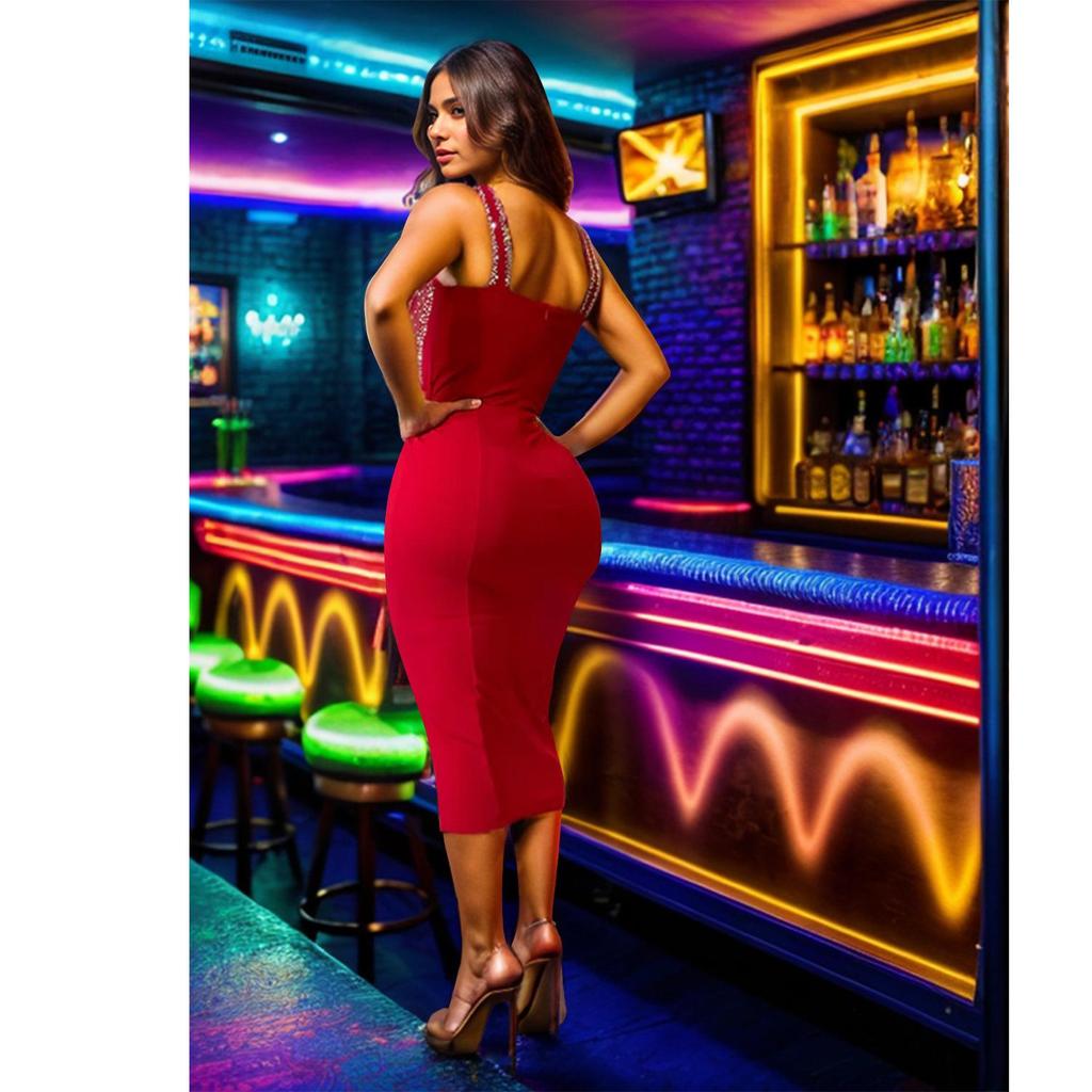 European & American Fashion Rhinestone Strappy Midi Dress - Women's Hot-fix Style New Arrival