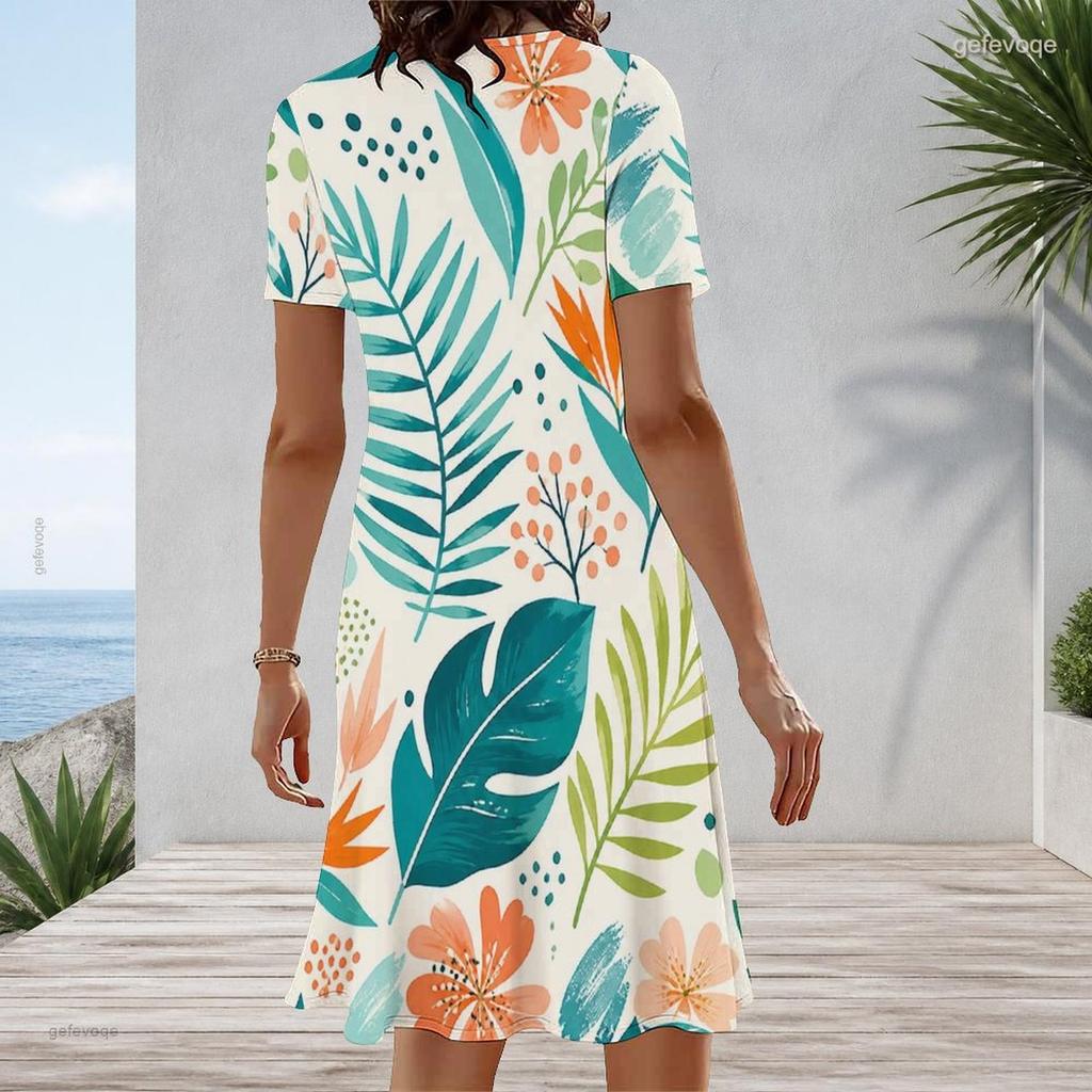 Women Plus Size Round Neck Short Sleeve Fruit Leaf Printed A Line Casual Dress
