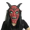 Horned Devil Mask with Long Black Hair and Hood - Red Face Scary Halloween Carnival Accessory