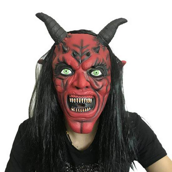 Horned Devil Mask with Long Black Hair and Hood - Red Face Scary Halloween Carnival Accessory
