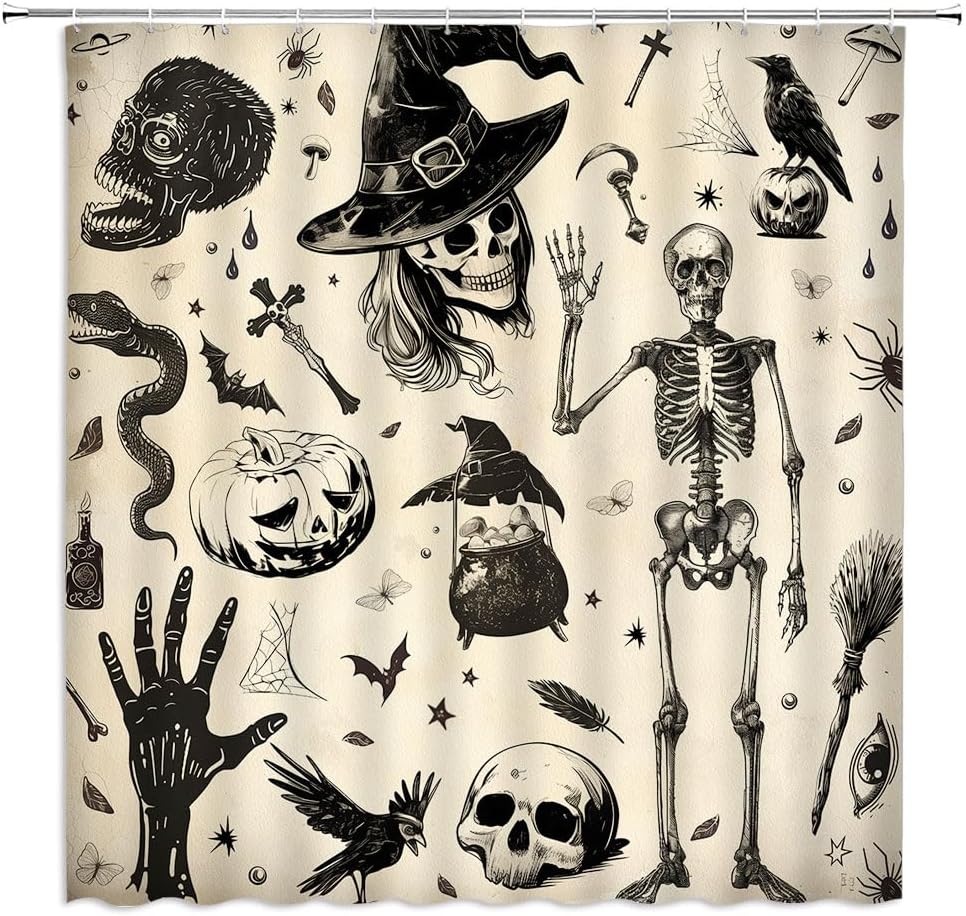 Happy Halloween Shower Curtain Gothic Skull Spooky Pumpkin Witchy Magic Witch Creepy Horror Skeleton Witchcraft Scary Cute