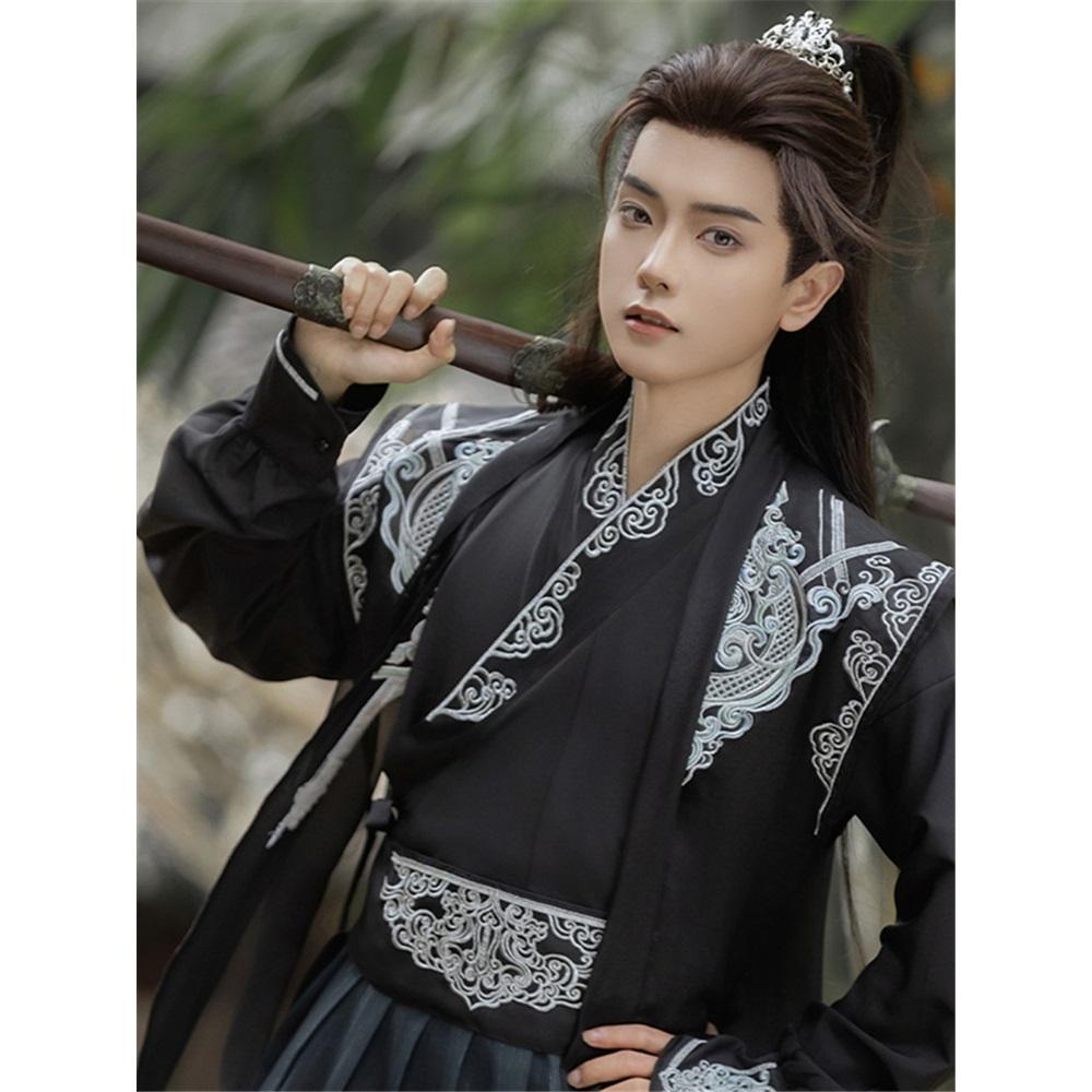 Chinese Song Dynasty Style Hanfu For Men, Two-color Cross-collar Martial Arts Embroidery Suit