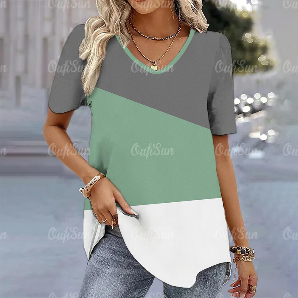 Women's T-shirt Simple Fashion V-neck Short Sleeve Stripe Print T Shirt For Ladies Harajuku Loose Clothing Female Pullover Tops