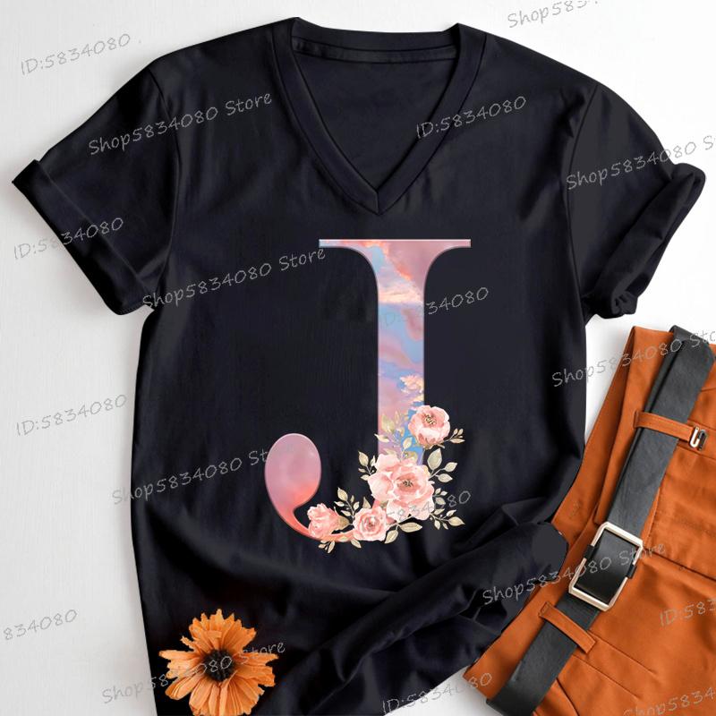 Womens Clothing Pink Flower Alphabet Classic Top Sky Alphabet Cartoon Tshirt FeUnisex Floral Letters A B C D Birthday Gift Shirt