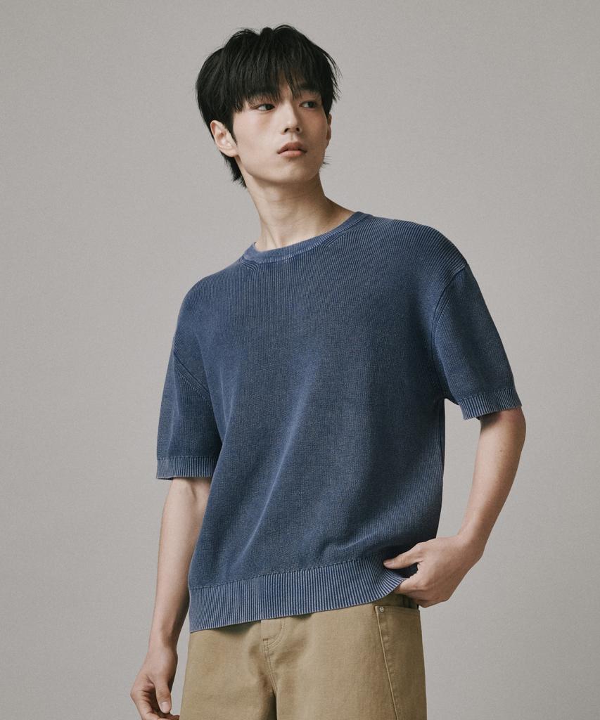 Beodeonteu Pigment Washed Round Neck Knit [Blue]