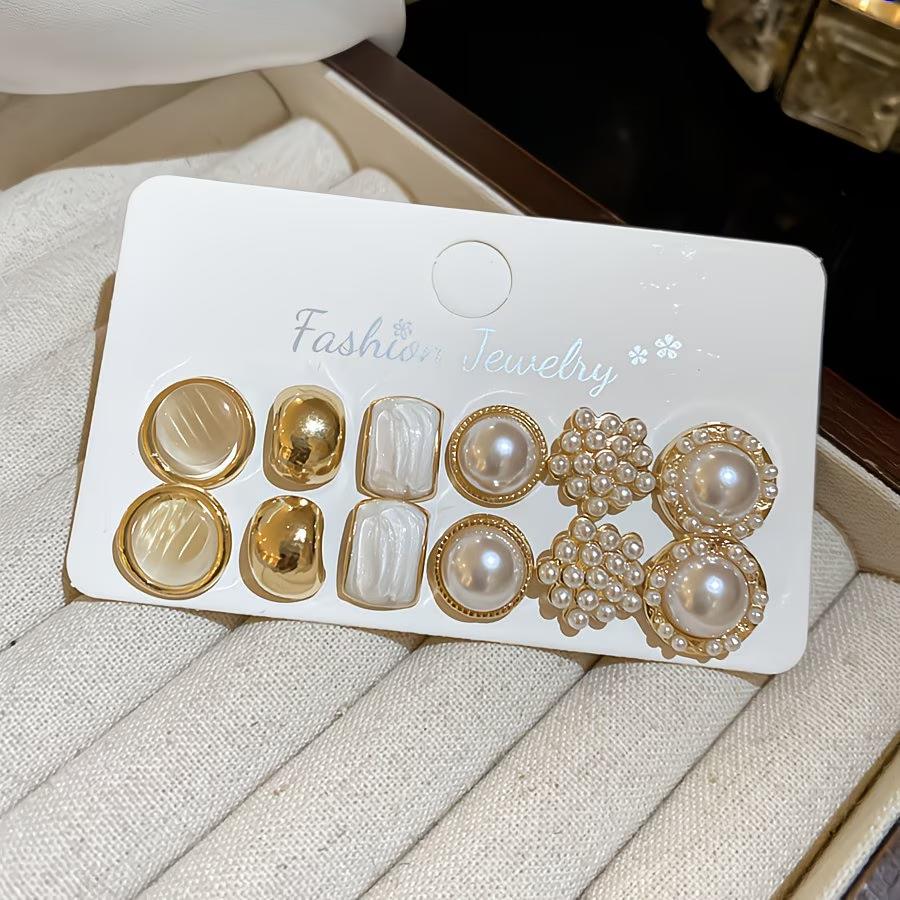 6 Pairs Enamel Pearl Stud Earrings Set For Women Cat's Eye Stone Pearl Minimalist Dainty Earrings Trendy Daily Wear Jewelry Gift