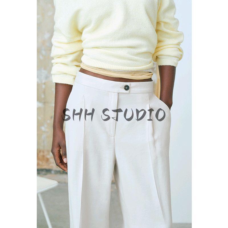 Spring and Summer Women's Clothing Pleated Decoration Loose Design One Button Diagonal Cloth High Waist Wide Leg Pants 1272861