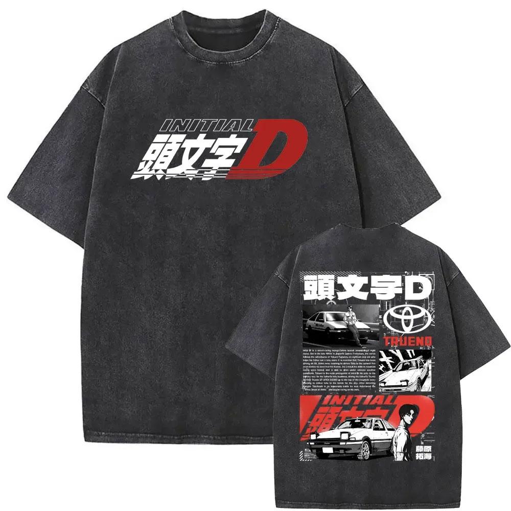 Anime Initial D Drift AE86 Washed Vintage Print T-shirt RX-7 R34 Skyline GTR JDM T-shirts Men's Harajuku Cozy Oversized T Shirts