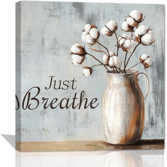 

AWPANERAR Хлопковое настенное искусство для ванной комнаты, цветочные принты, постер на холсте с букетом белого хлопка, деревенский декор для спальни, в раме 12L x 12W золотой