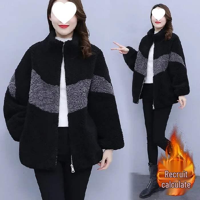 Women's Plus Size Color Block Lamb Wool Coat - Loose Fit Autumn/Winter Fashion