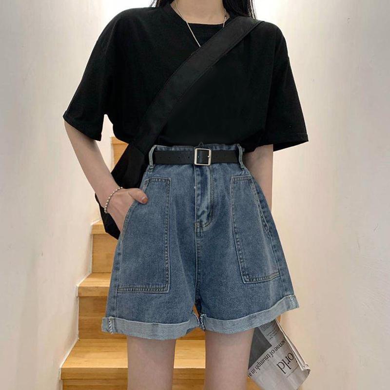 

Women s High Waist A-line Denim Shorts - Summer 2026 Trendy INS Style with Rolled Hem and Wide Leg Design. S синий