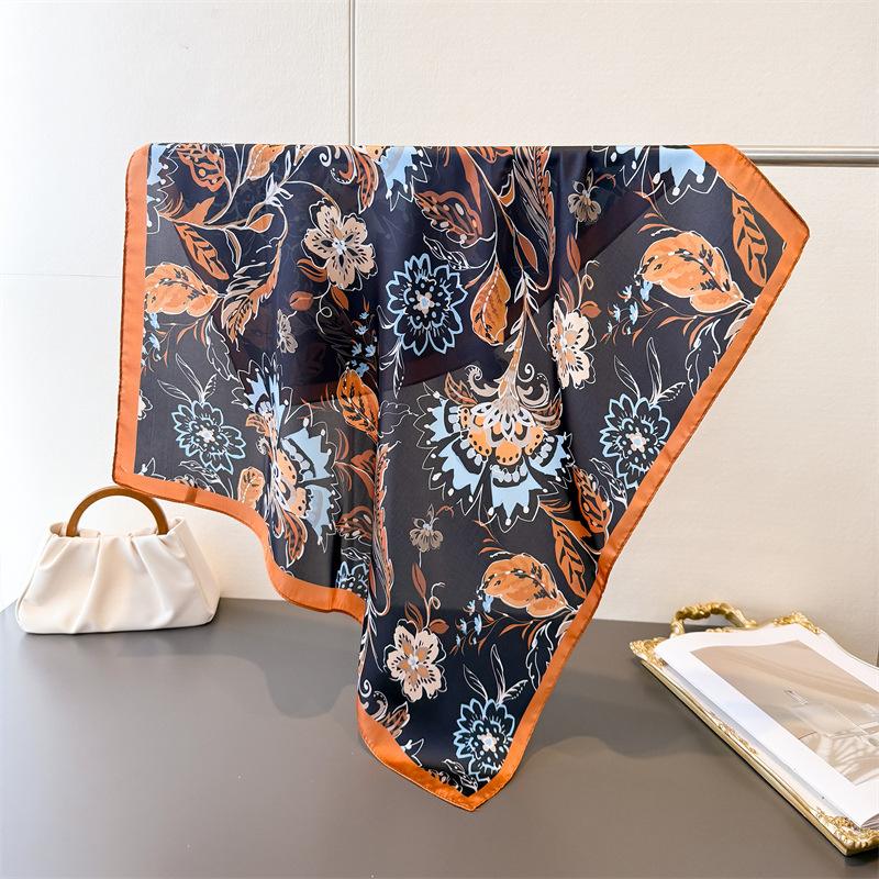 Vintage Rural High-end Printed Silk Scarf Imitation Square Versatile Shawl Neck Small Headscarf Women