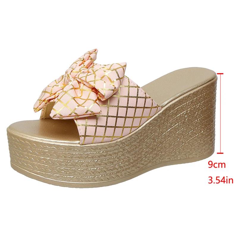Fashion Bowknot Decor Chunky Platform Sandals Women Fashion Plaid Pattern Wedge Heel Sandals Woman Summer Thick Bottom Beach Slippers