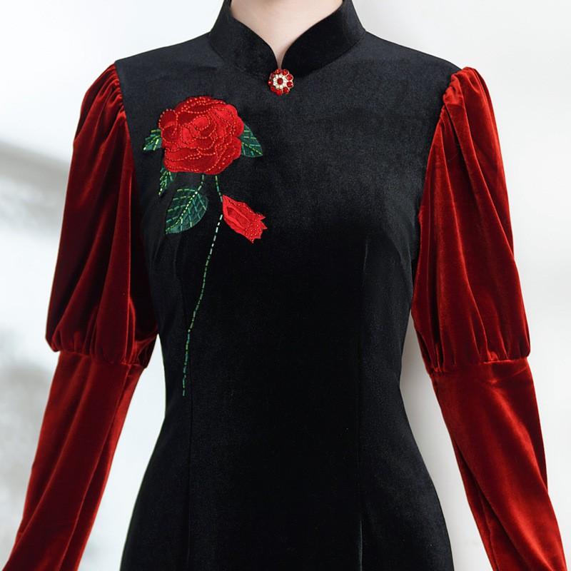 Elegant Velvet Cheongsam Dress Women 2025 Retro High Waist Fishtail Silhouette Stand Collar Nine-Sleeve