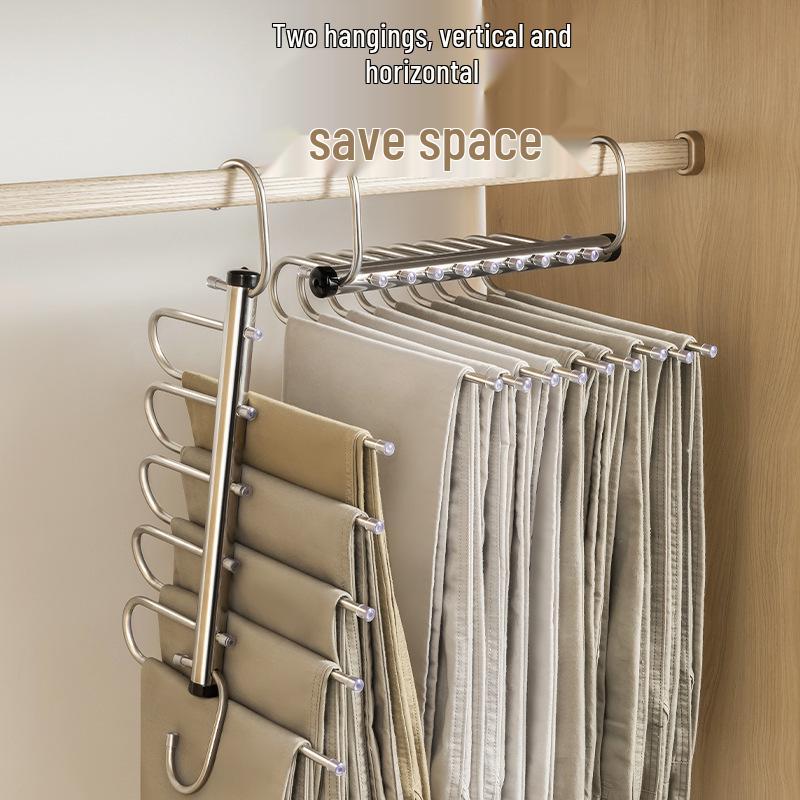 Retractable Stainless Steel Multi-Layer Folding Pants Hanger with Magic Clips