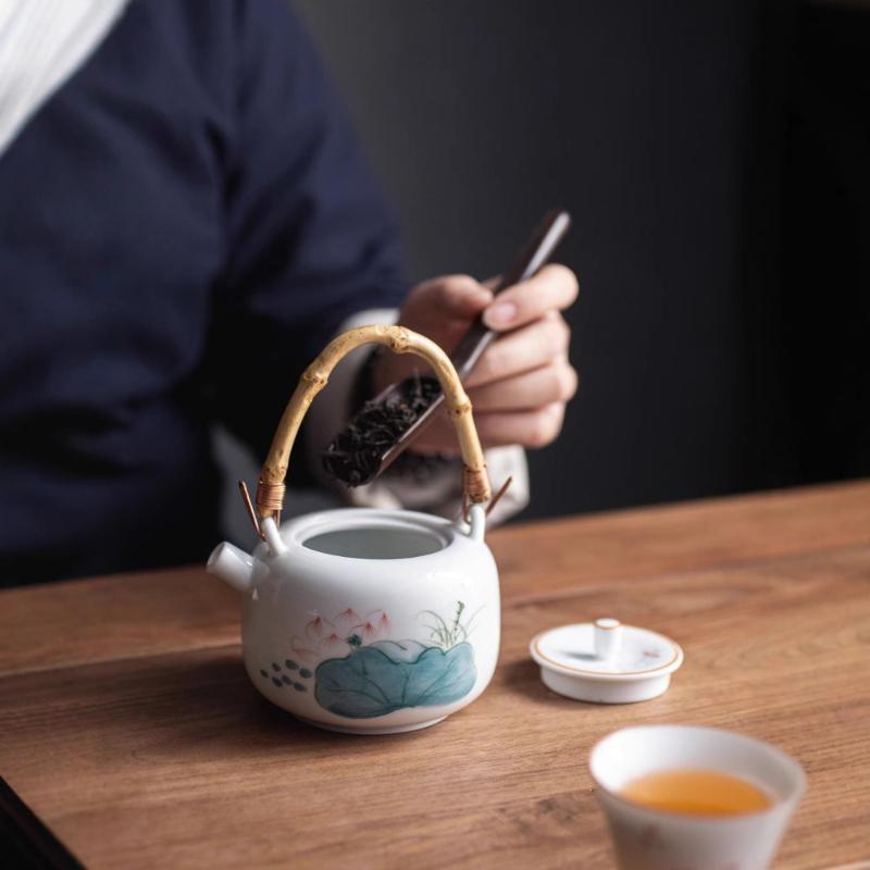 Hand Painted Lotus Ceramic Teapot with Bamboo Handle Vintage Style Portable Infuser for Home Office Gongfu Tea Brewing Gift