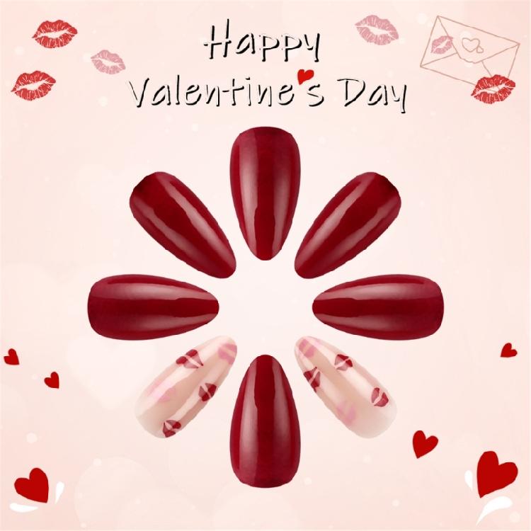24 Pcs Valentines Day Press On Nail French Tip False Nail Almond Full Cover Stick on Nail Lip Print Acrylic Nail