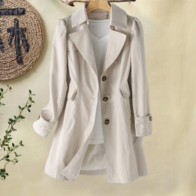 Fall Spring Women Jacket Turn-down Collar Single-breasted Loose Overcoat Mid Length Solid Color OL Commuting Coat Hiking Windbreaker