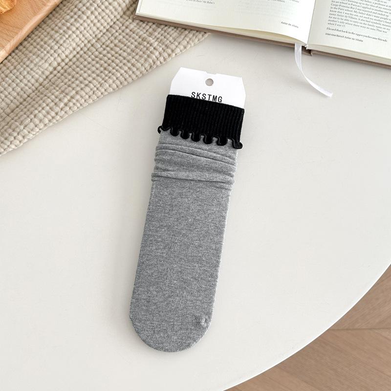 

Женские осенние носки в японском стиле с цветными блоками и оборками - Повседневные хлопковые носки до середины икры с кружевом и сборкой белого цвета