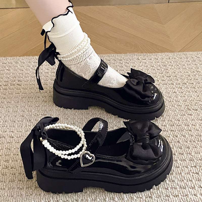 Pearl small leather shoes spring new Mary Jane shoes 2025 thick heel high heel single shoes platform with skirt princess round head