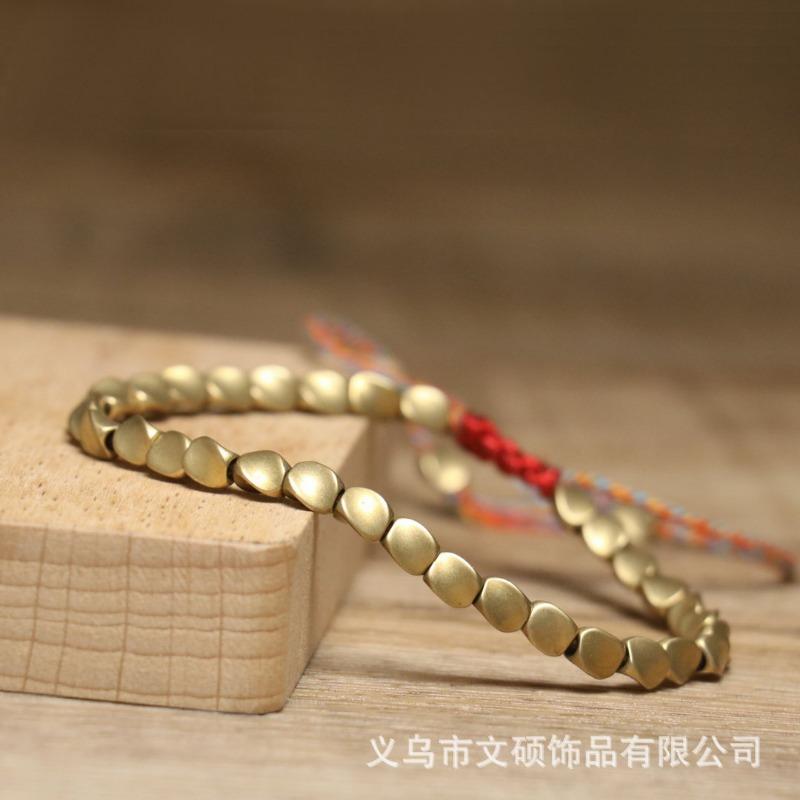 Matte Brass Teardrop Bead Bracelet – Red Knot Adjustable Boho Jewelry, Protection Luck Gift for Men & Women